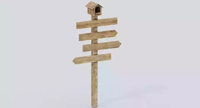 Signpost4 wooden directional sign with birdhouse Low-poly 3D model