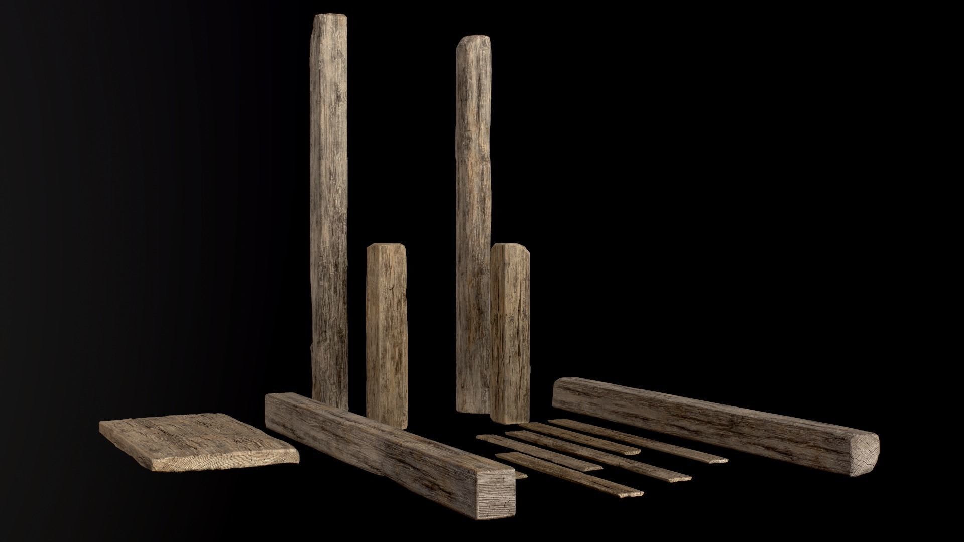 Wooden Planks and Beams - 13 pieces Low-poly 3D model_22