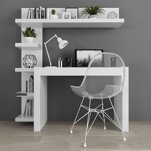 Workplace home office desk with bookcase Low-poly 3D model
