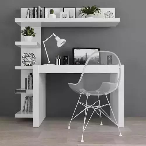 Workplace home office desk with bookcase Low-poly 3D model