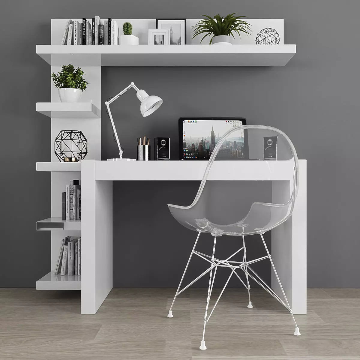 Workplace home office desk with bookcase Low-poly 3D model