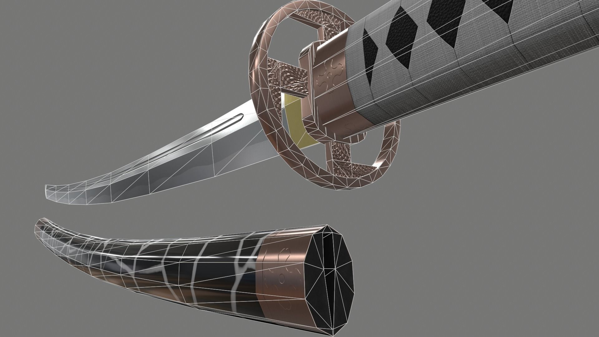 PBR Katana Japanese Sword White Low-poly 3D model_11