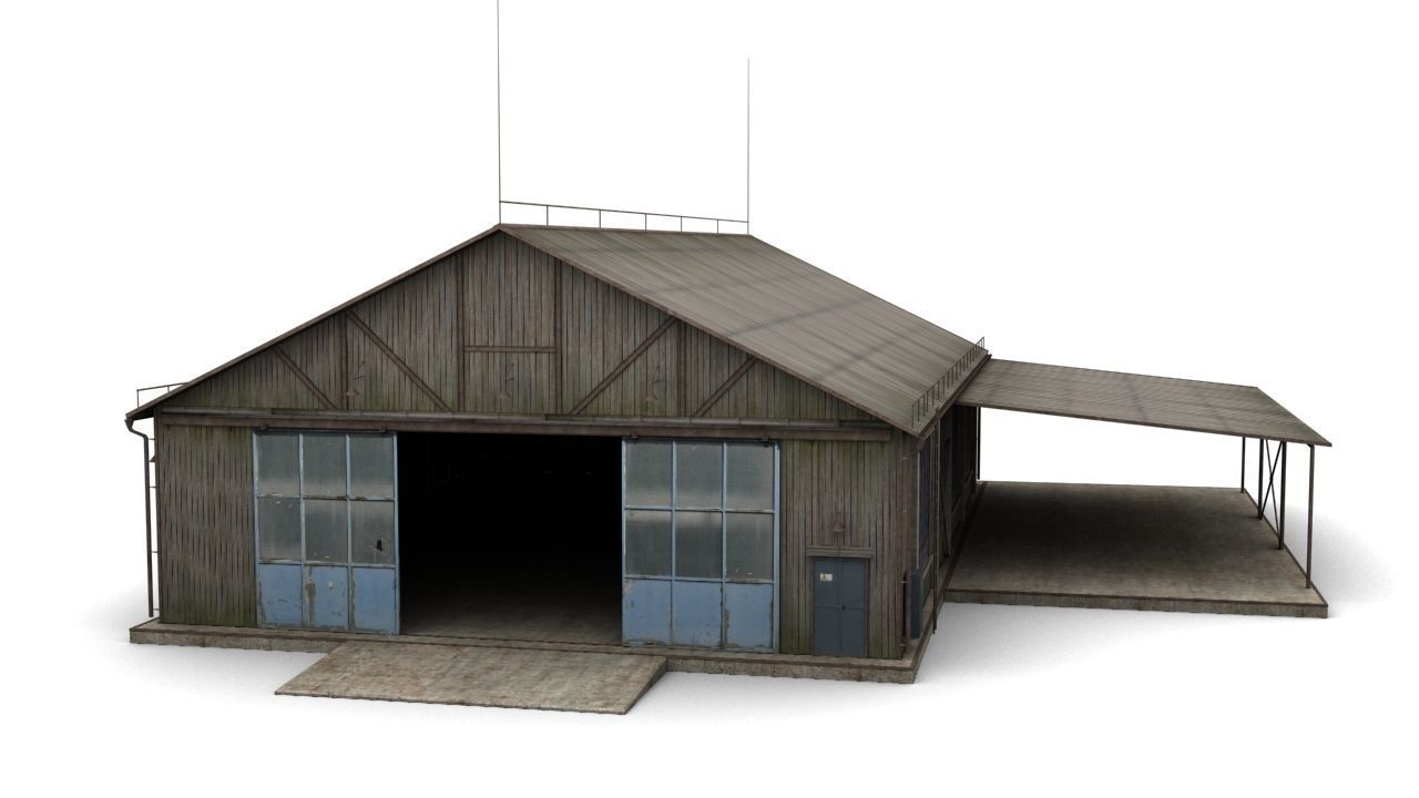 Hangar wooden building with roof Low-poly 3D model_2