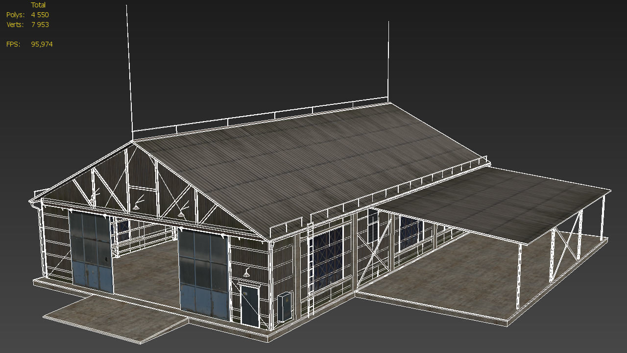 Hangar wooden building with roof Low-poly 3D model_9