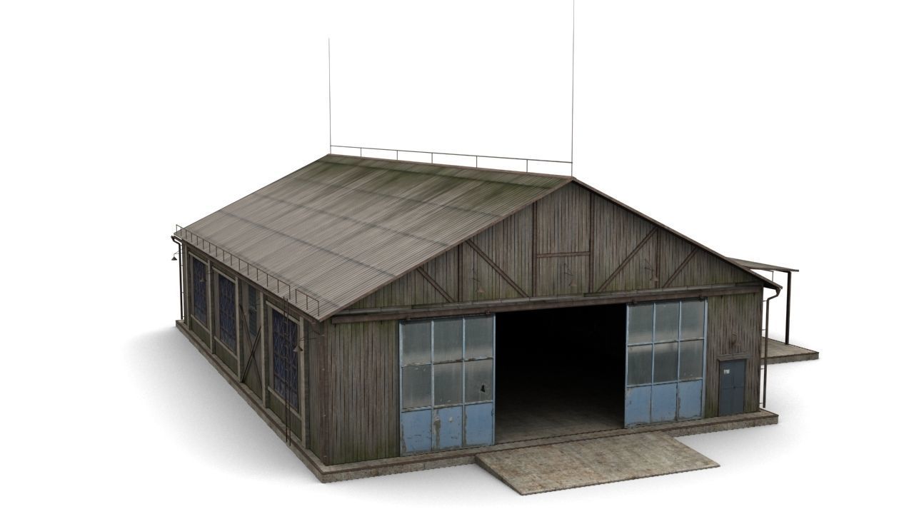 Hangar wooden building with roof Low-poly 3D model_3