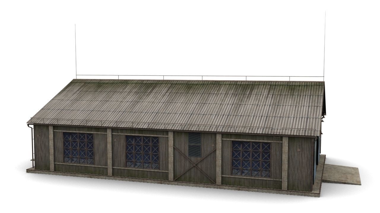 Hangar wooden building with roof Low-poly 3D model_4