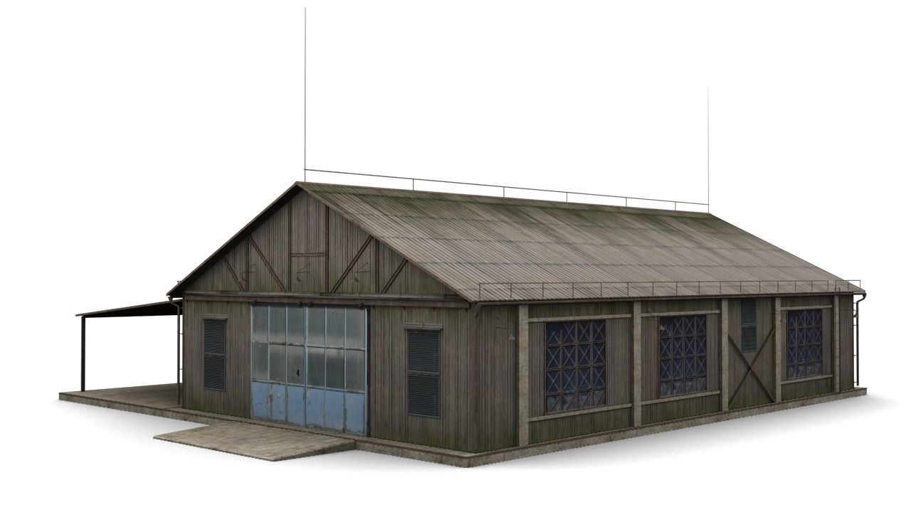 Hangar wooden building with roof Low-poly 3D model_5