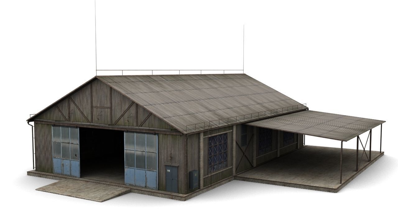 Hangar wooden building with roof Low-poly 3D model_1