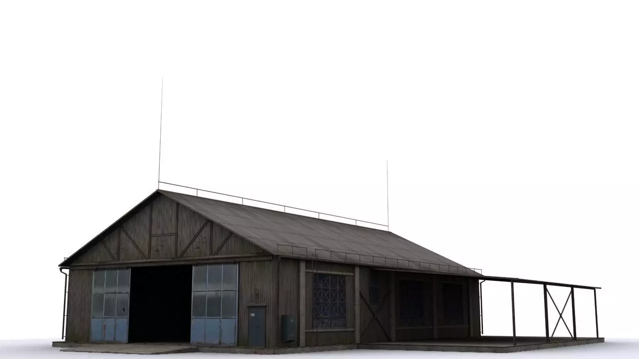 Hangar wooden building with roof Low-poly 3D model_0