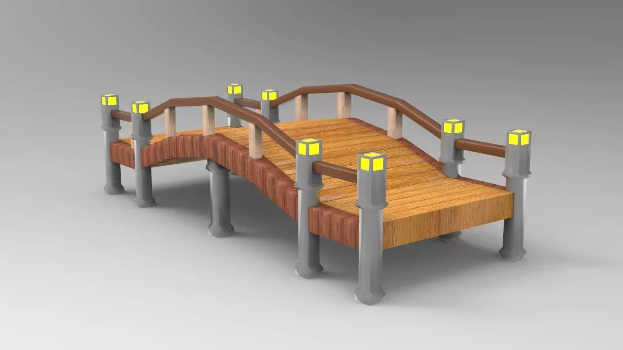 Bridge Low Poly wooden with lights Low-poly 3D model