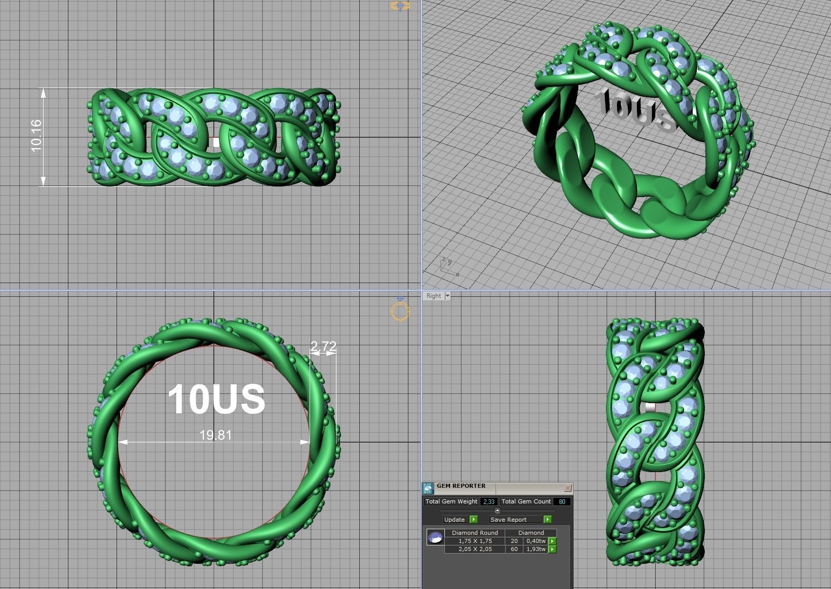 DIAMOND CUBAN LINK CHAIN RING 10mm wide 10US size 3D print model_9