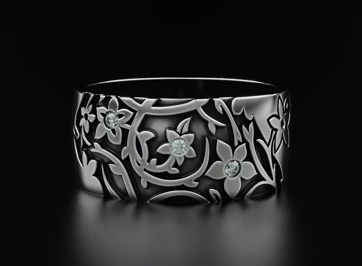Elegant ring with diamonds and flowers 556 3D print model_0
