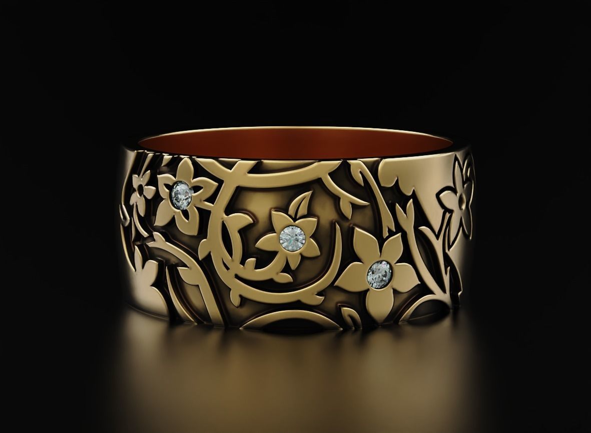 Elegant ring with diamonds and flowers 556 3D print model_1