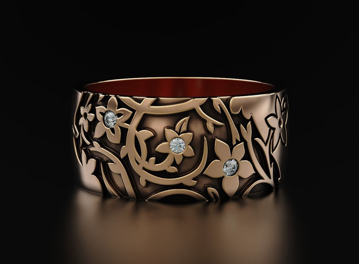 Elegant ring with diamonds and flowers 556 3D print model_3