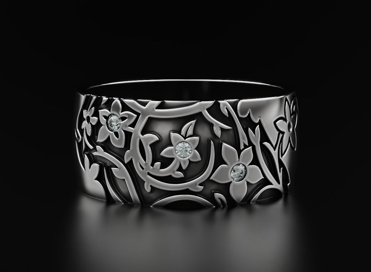 Elegant ring with diamonds and flowers 556 3D print model_4
