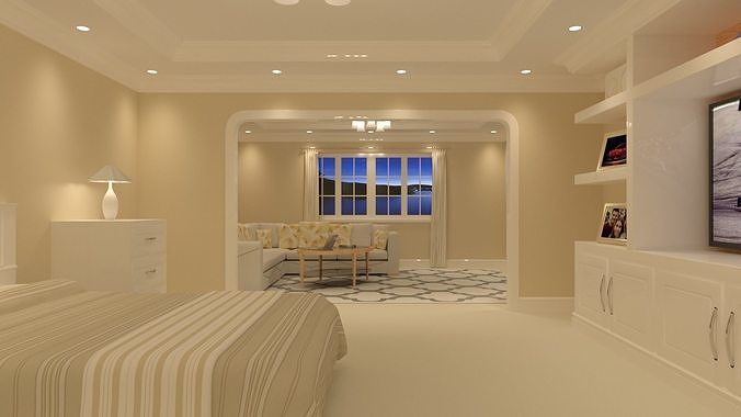 Large bedroom with seating area 3D model 2