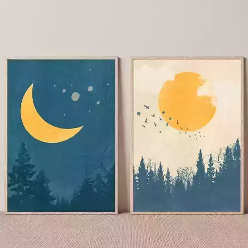 Set of 2 Day and Night print Sun and Moon Wall Art
