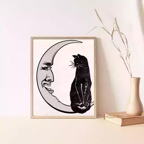 Moon and cat  Digital walldecor black cat printable art