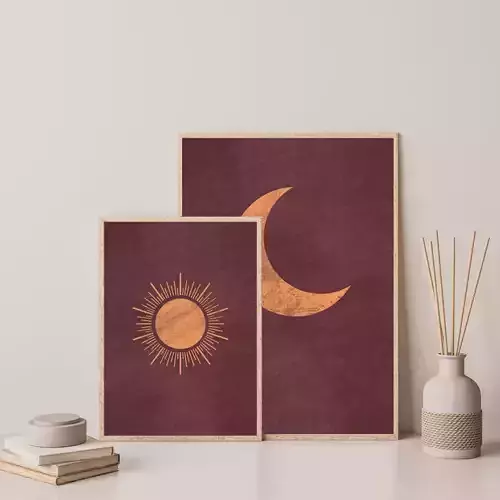 Boho Sun and Moon Print Set of 2 Abstract Landscape  Minimal 3D print model
