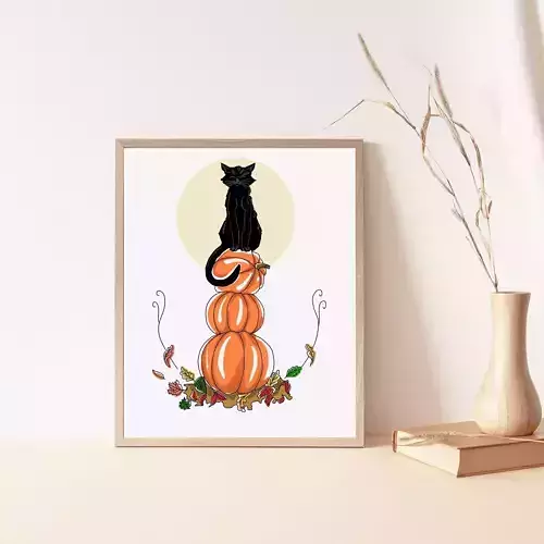 Pumpkin and cat halloween art wall art digital print 