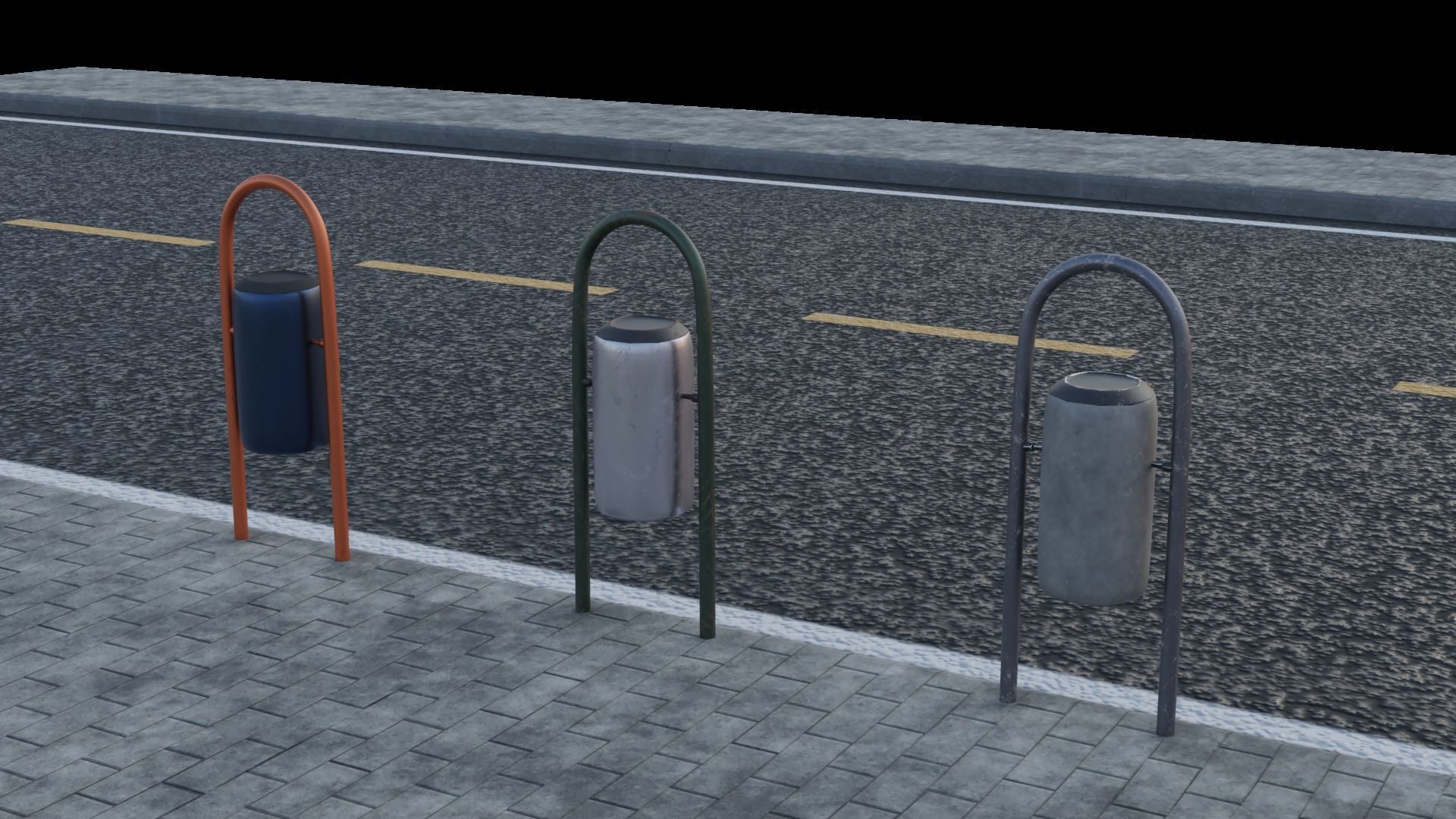 Trash Can - Street 3 Different Colors Low Poly 3D Model Low-poly 3D model_1