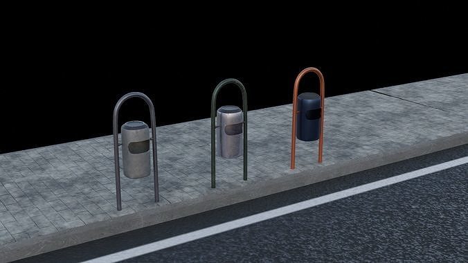 Trash Can - Street 3 Different Colors Low Poly 3D Model Low-poly 3D model