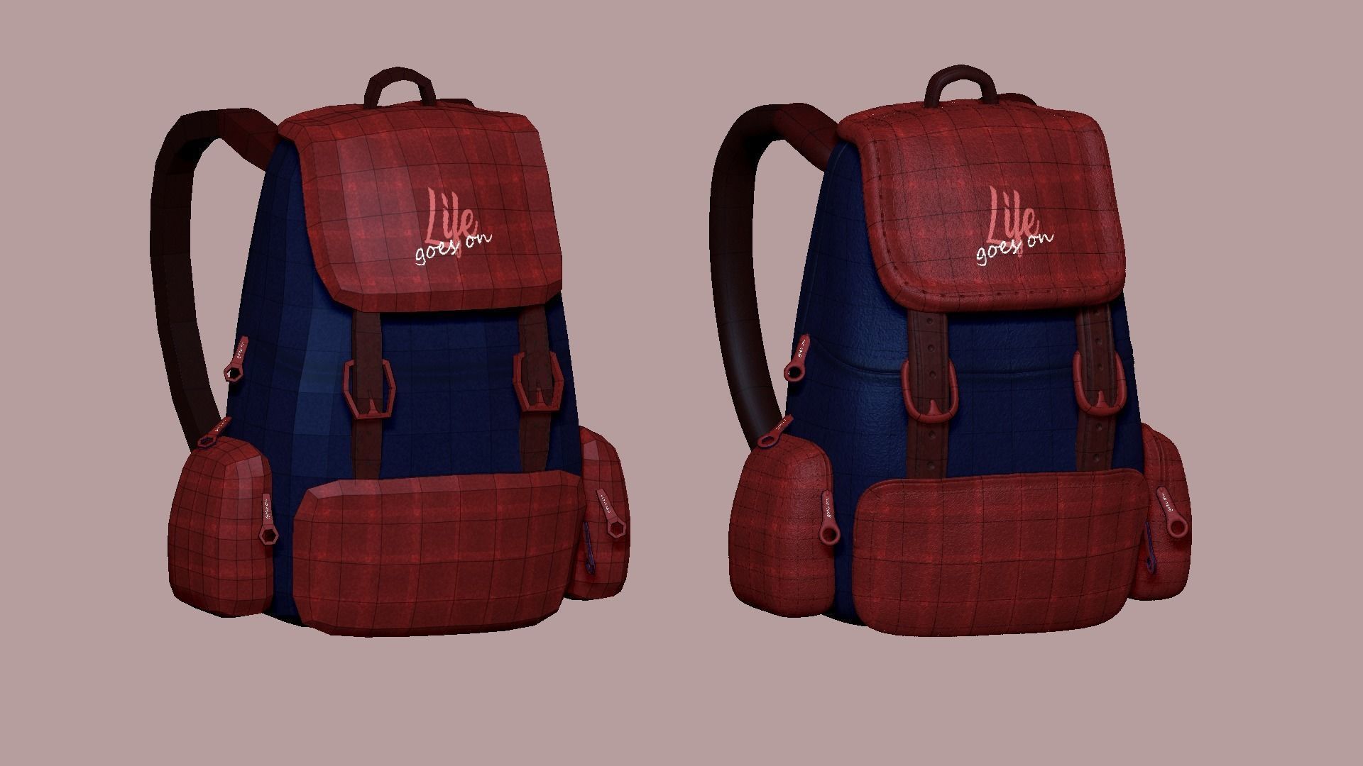 Blue Red Check Backpack - Character Clothing Low-poly 3D model_13