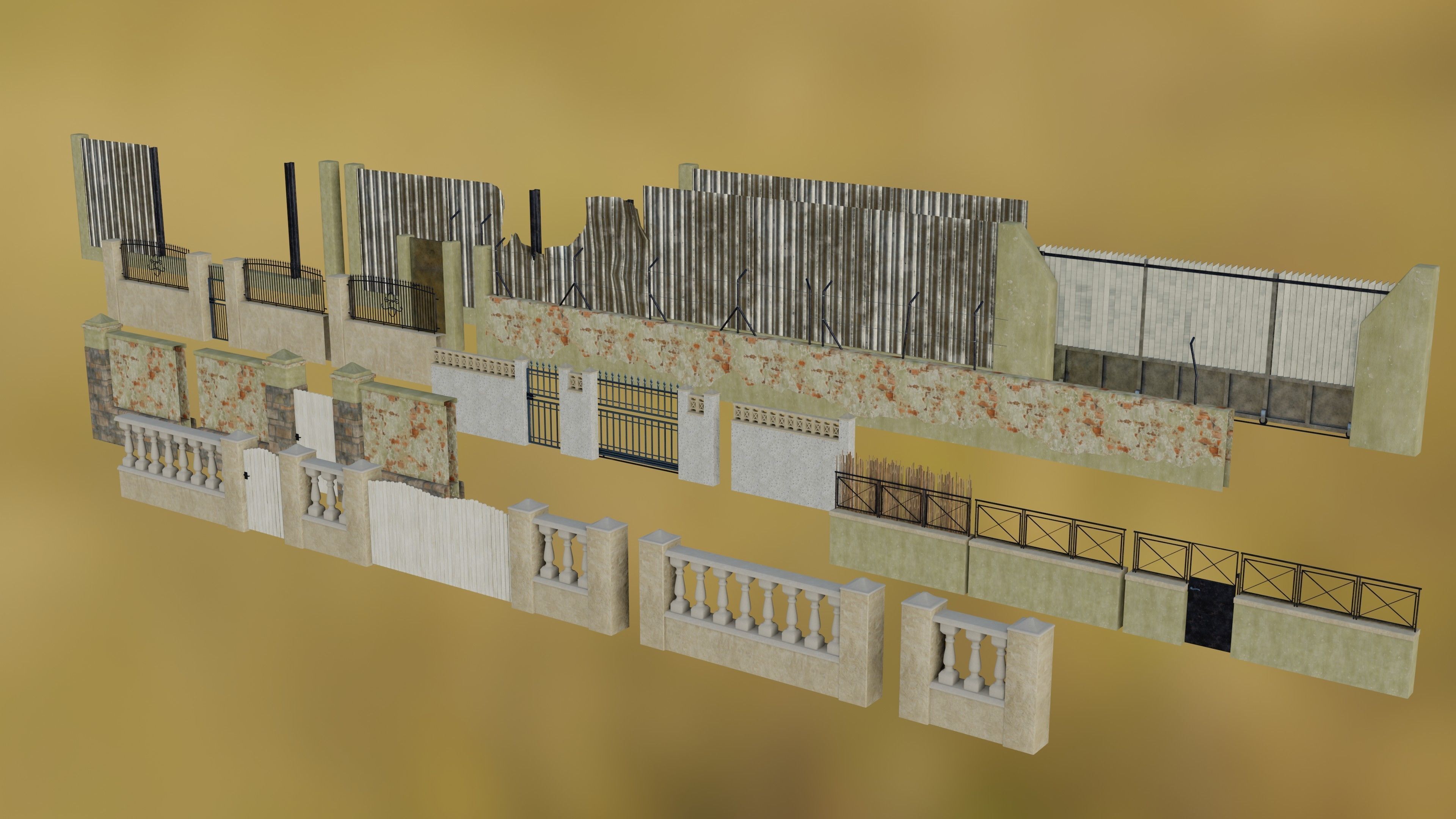 Low poly Fences and Walls small asset pack Low-poly 3D model_3
