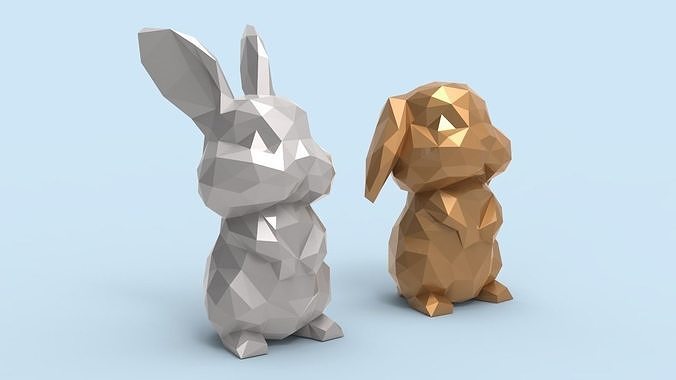 Low poly Bunny STL in gold and silver 3D print model
