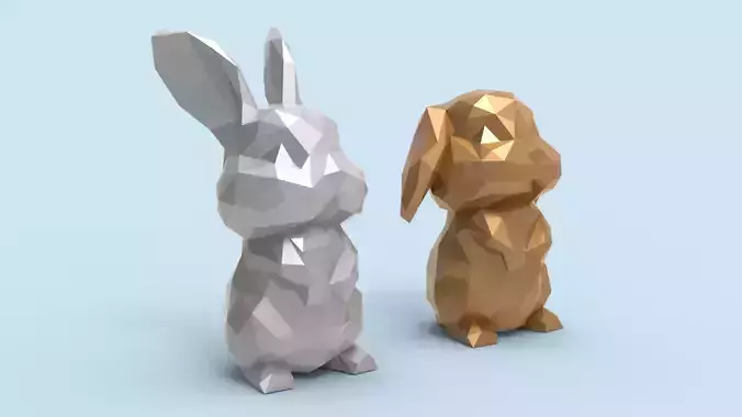 Low poly Bunny STL in gold and silver 3D print model