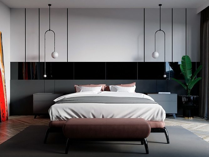 Modern Realistic bedroom Low-poly 3D model 4