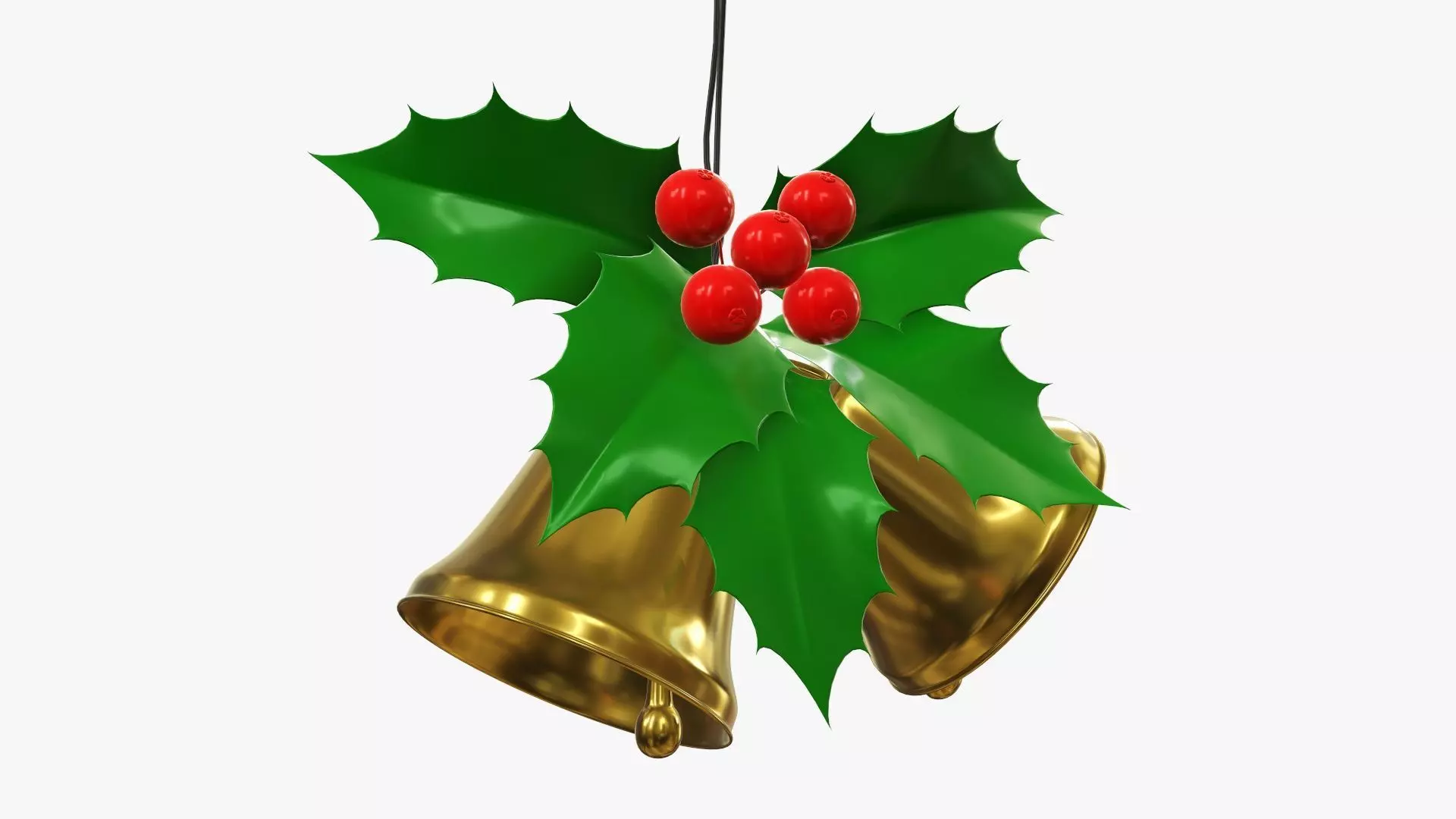 Christmas golden bells with holly berries 3D model