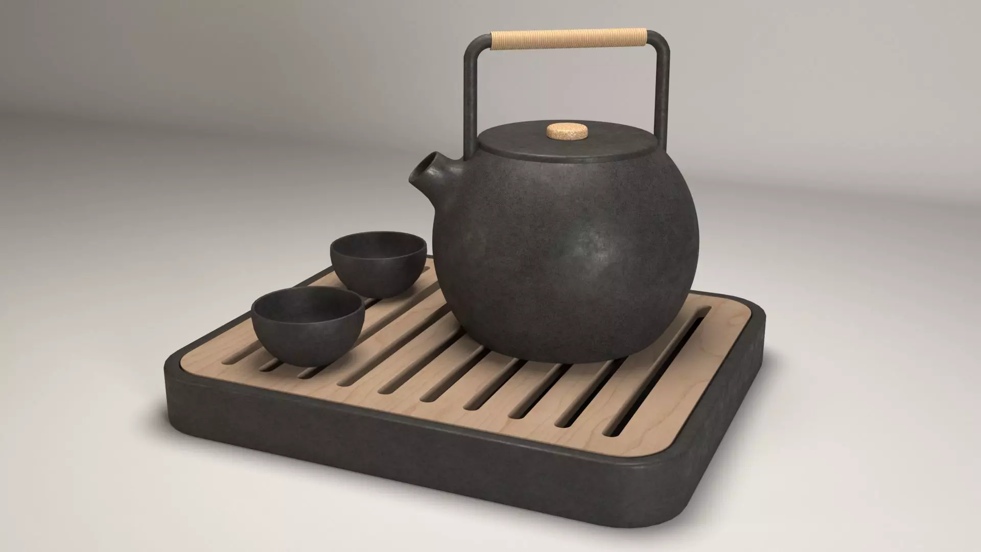 Tea Set teapot on wooden tray Free 3D model