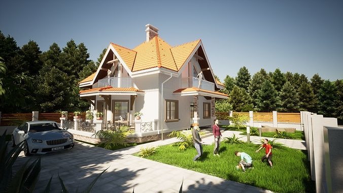 3D House Model with people in yard 3D model