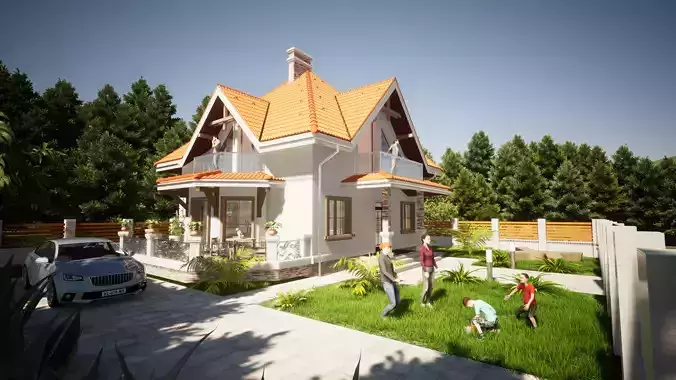 3D House Model with people in yard 3D model