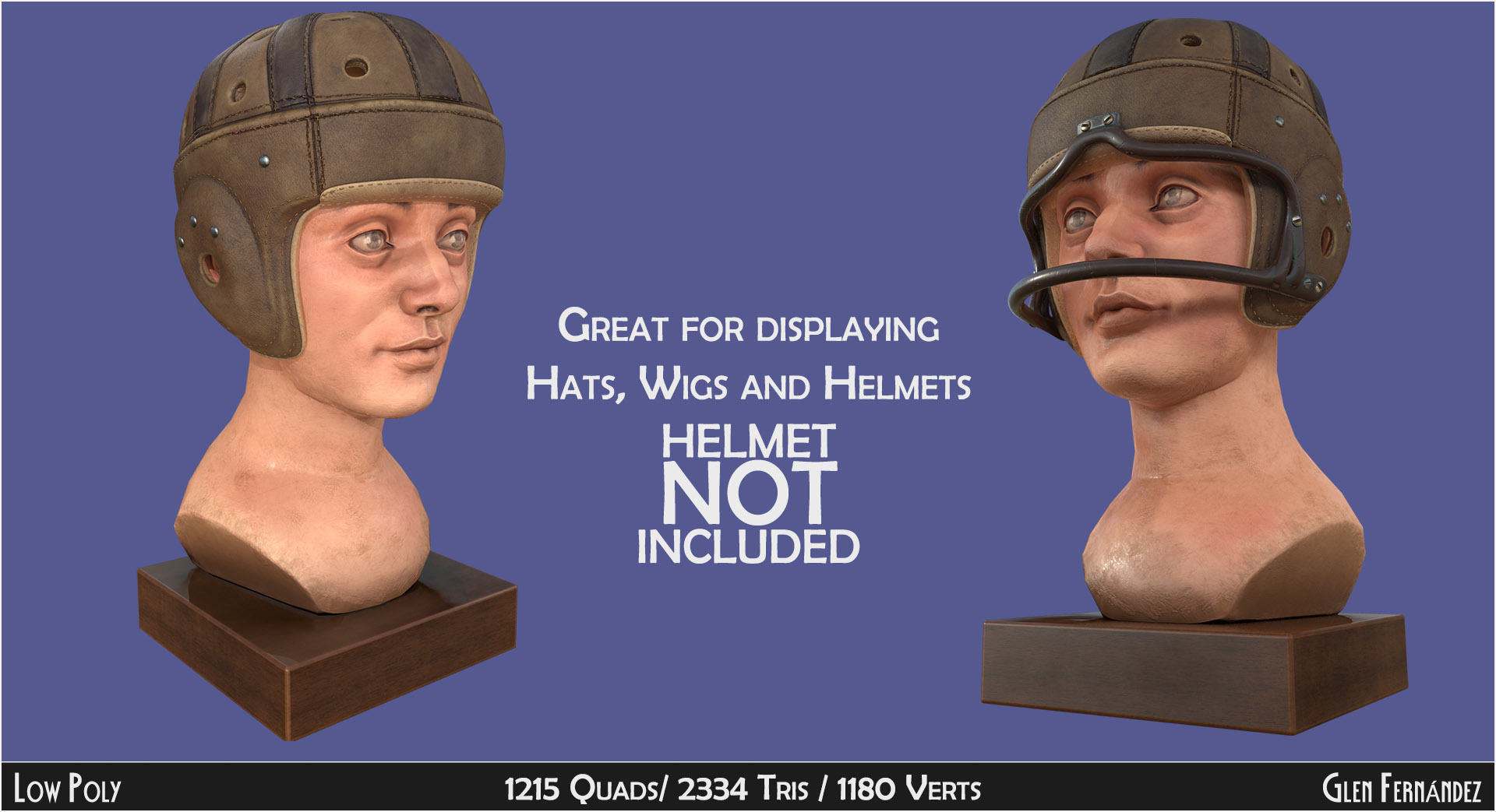 Antique Wooden Head Mannequin for Hats Wigs and Helmets Low-poly 3D model_3