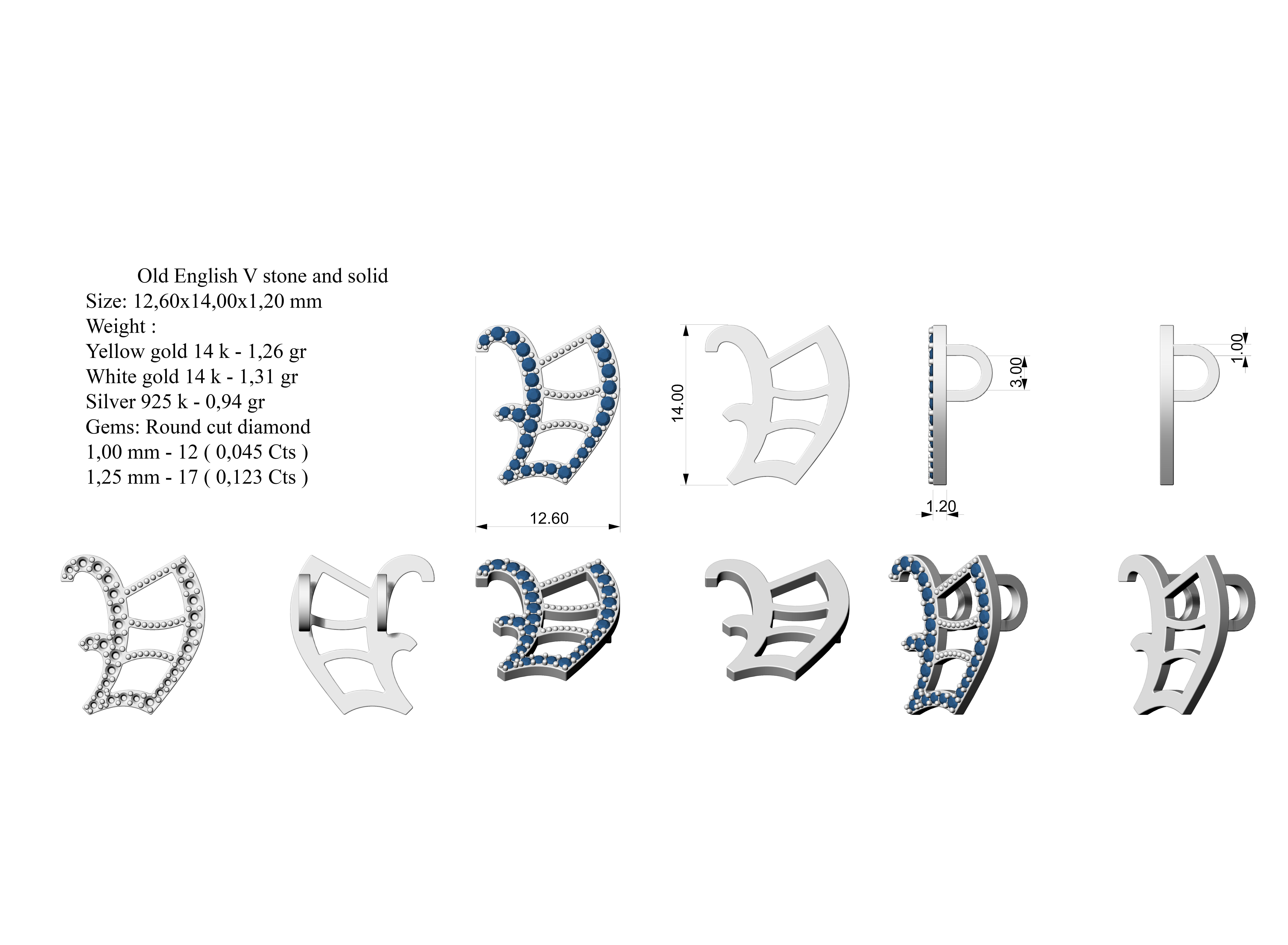 Old English V stone and solid 3D print model_4