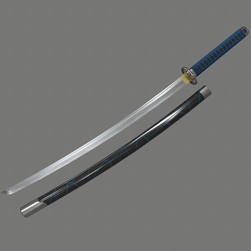 PBR Katana Japanese Sword Blue Low-poly 3D model