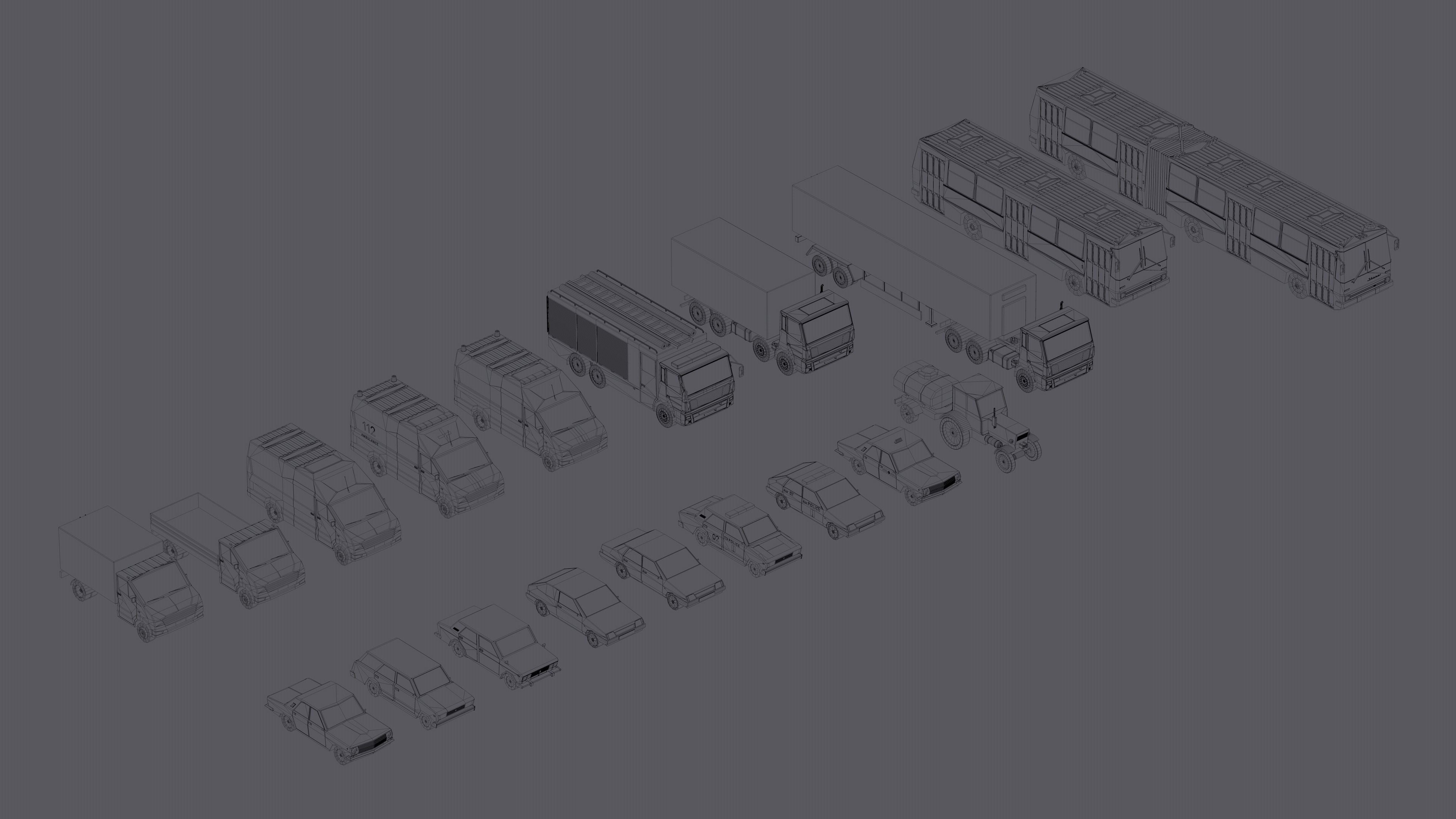 Full set of vehicles Low-poly 3D model_1