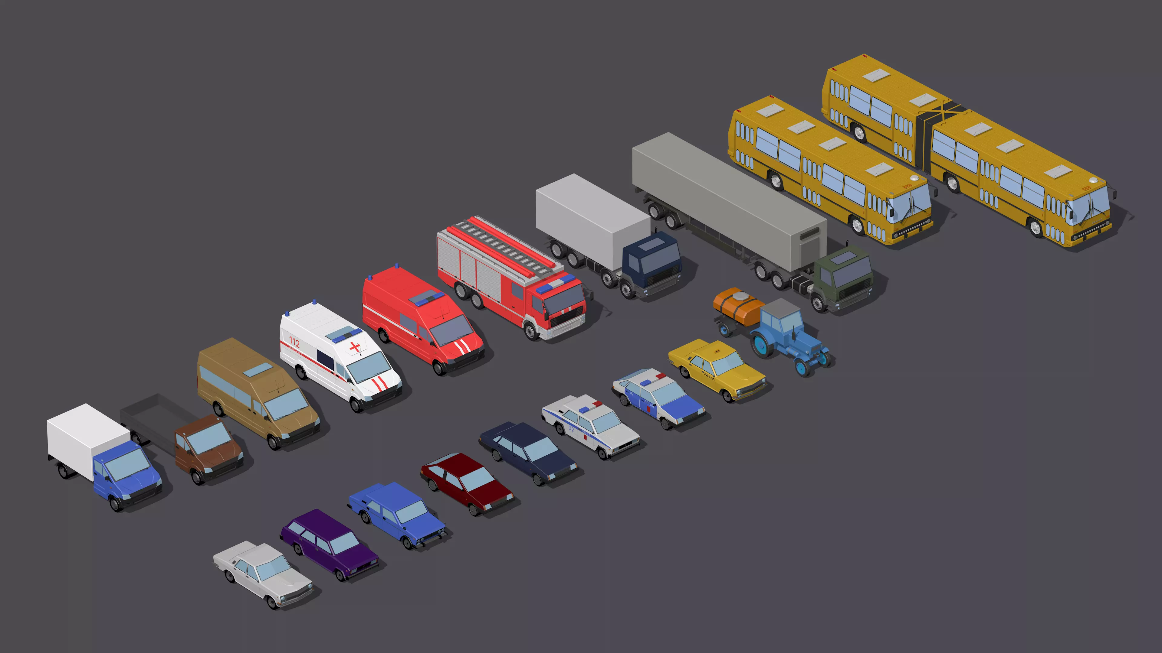 Full set of vehicles Low-poly 3D model_0