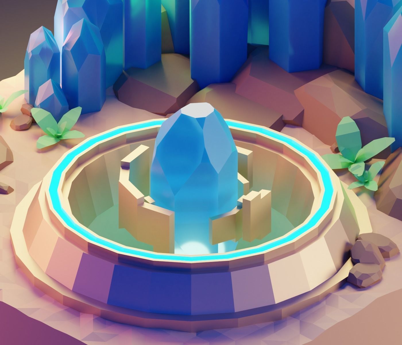 low poly Gameasset4 crystal in middle of desert Low-poly 3D model_1