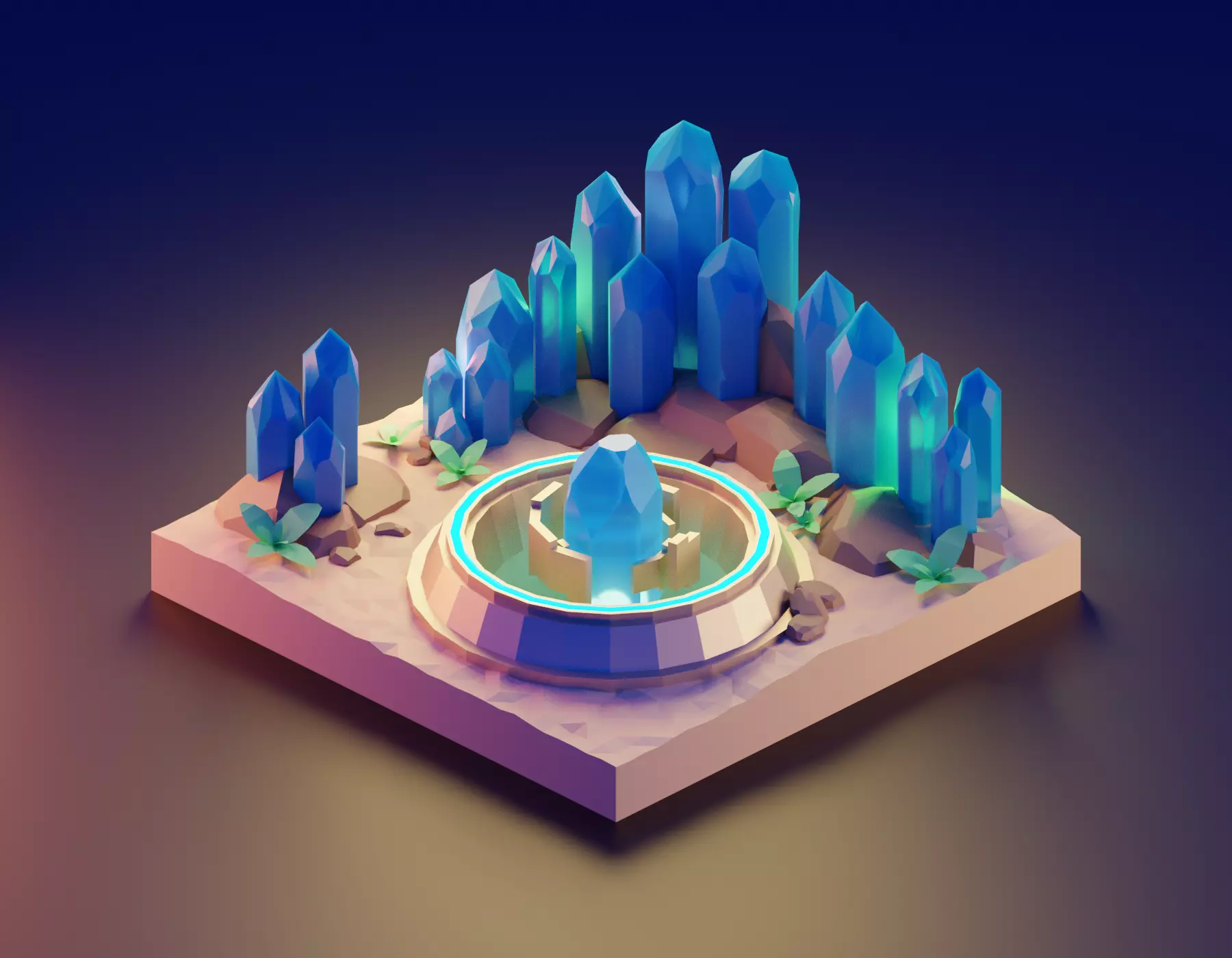 low poly Gameasset4 crystal in middle of desert Low-poly 3D model_0