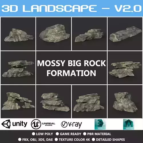 Low poly Big Rock Formation Pack 200928 - Mossy