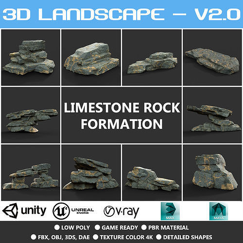 Low poly Big Rock Formation Pack 200928 - Limestone Low-poly 3D model