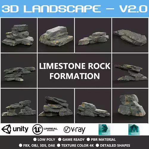 Low poly Big Rock Formation Pack 200928 - Limestone Low-poly 3D model