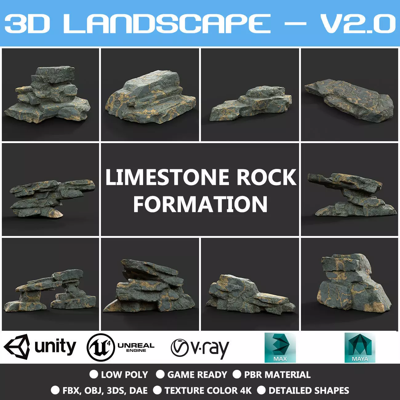 Low poly Big Rock Formation Pack 200928 - Limestone Low-poly 3D model_0