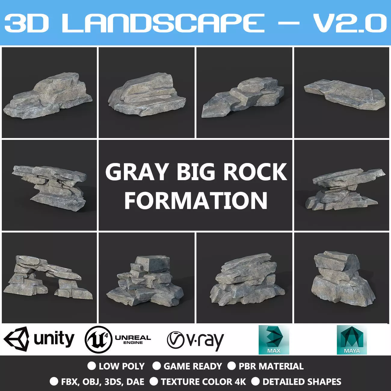 Low poly Big Rock Formation Pack 200928 - Gray Low-poly 3D model_0