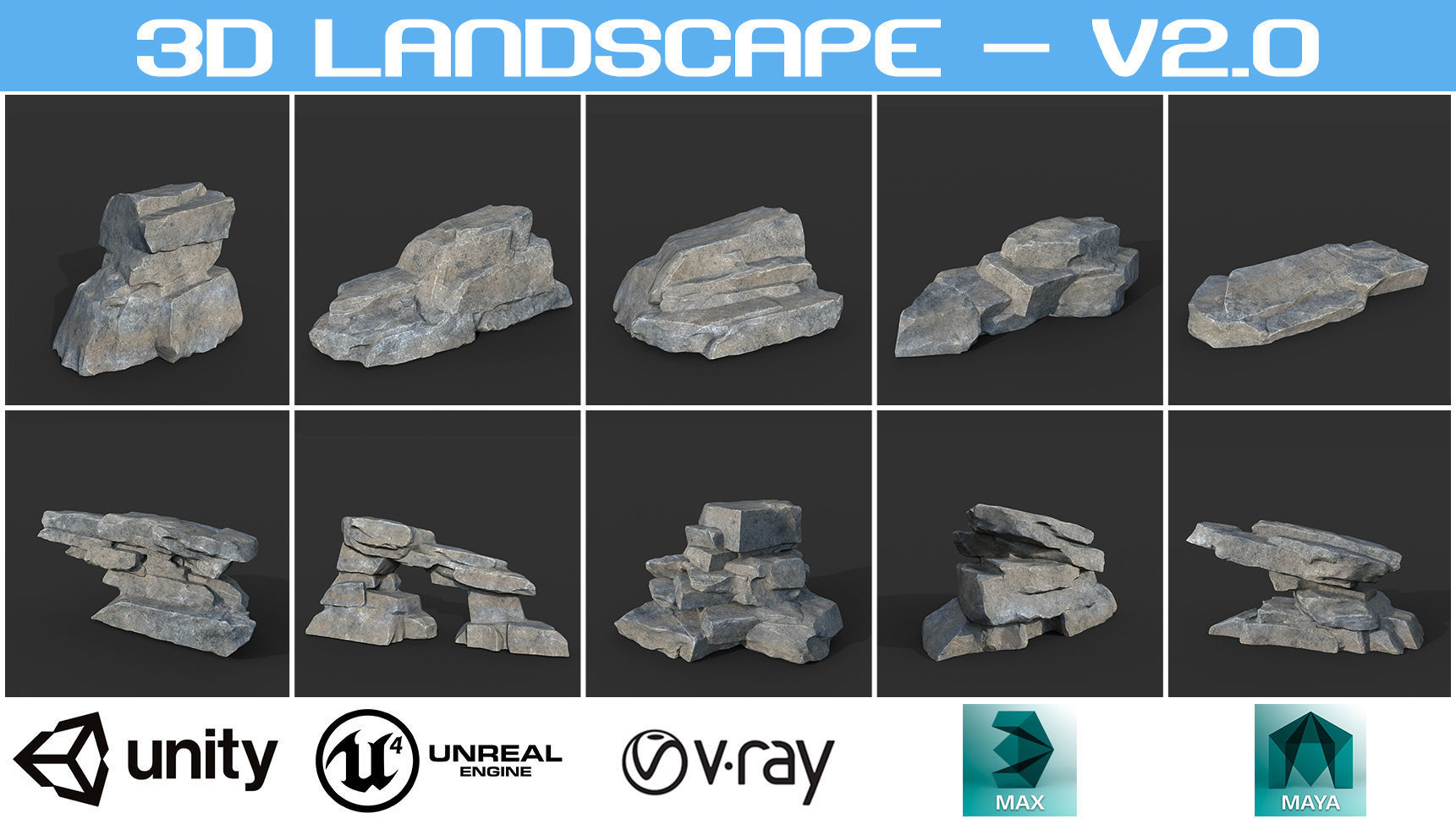Low poly Big Rock Formation Pack 200928 - Gray Low-poly 3D model_1