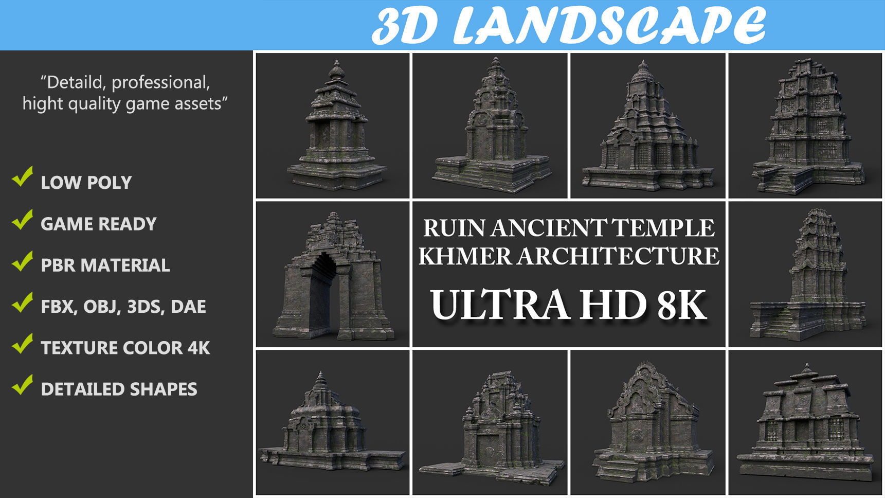 Ruin Ancient Temple - Khmer Architecture Pack B Low-poly 3D model_1