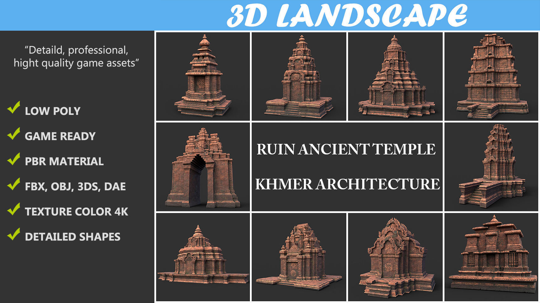 Ruin Ancient Temple - Khmer Architecture Pack A Low-poly 3D model_1